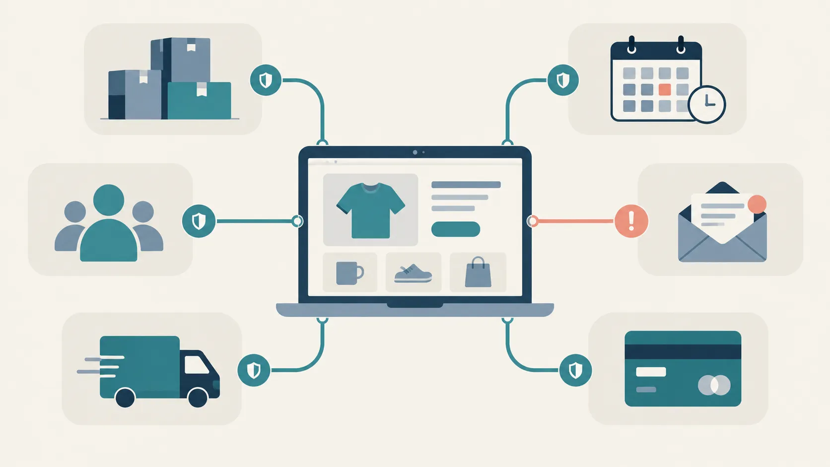Illustration of an online shop connected to external business systems.